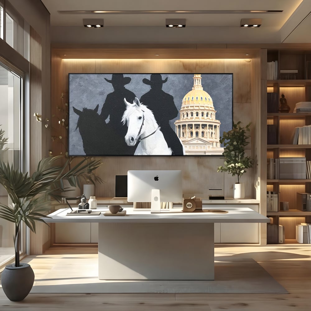 Tablou canvas cu pictura cu doi cowboy si cladire oficiala, in rama de aluminiu negru, pe perete intr-un birou
